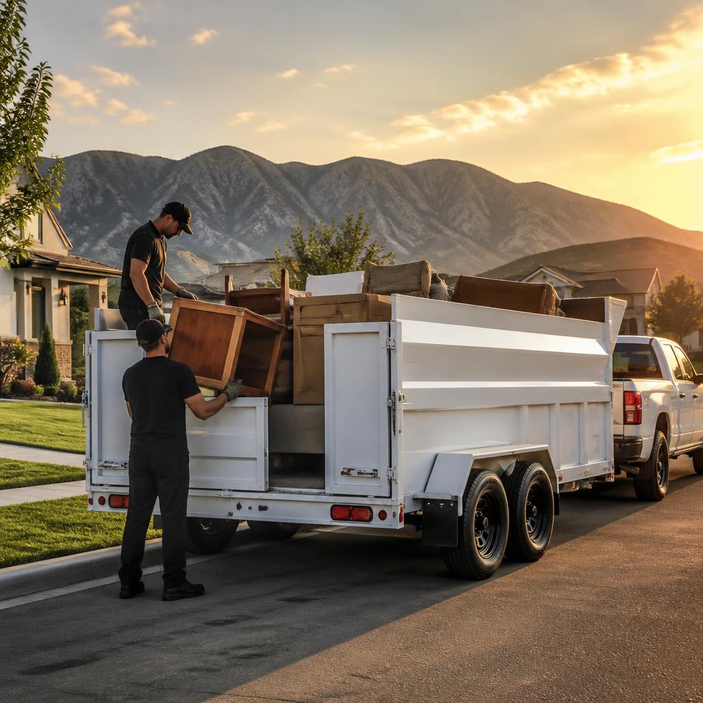 Rapid Junk Removal crew loading a truck in a Utah neighborhood at golden hour